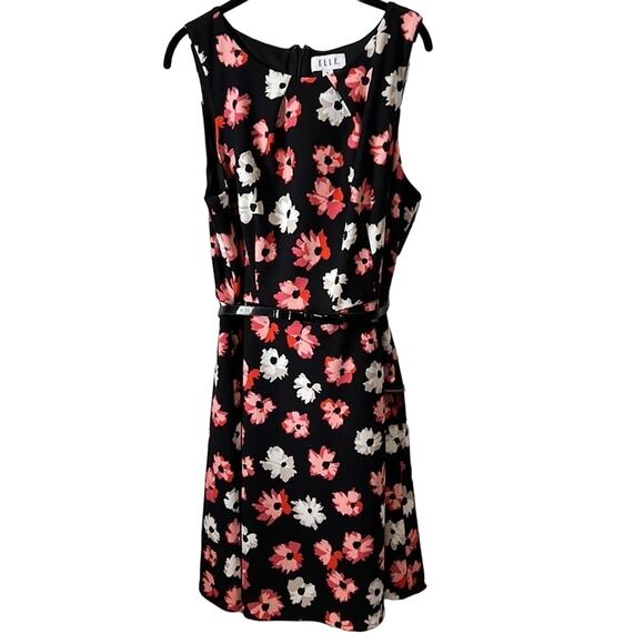 Elle Flower Dress black with red/pink and white/beige flowers Sz XL Fitted belt - Picture 1 of 11